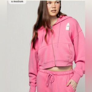 Dairy Boy Milk Bottle Cropped Zip Up Hoodie Med. Strawberry Milk BNWT
